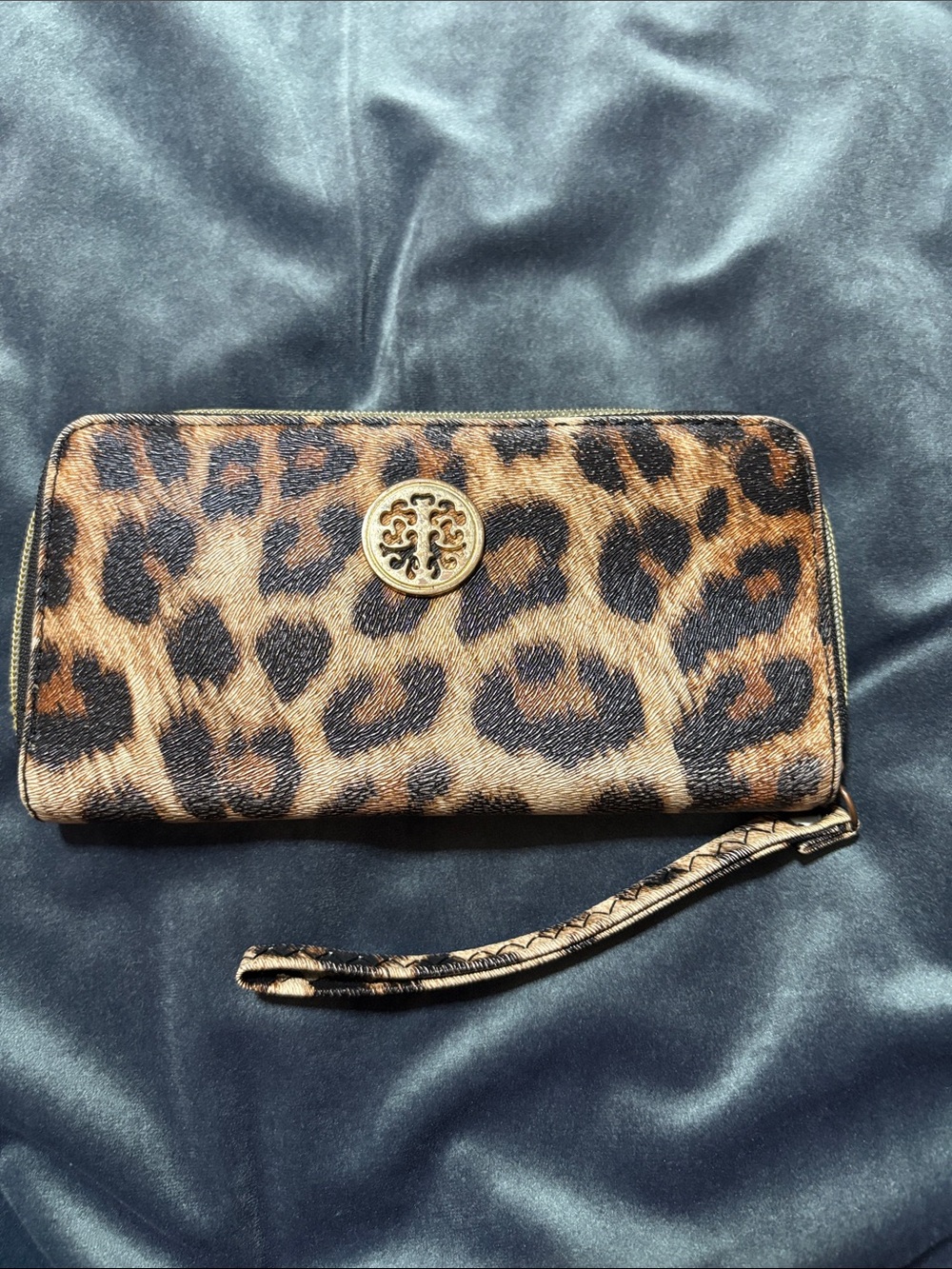 Leopard Print Zip Wristlet Wallet with Gold Logo Accent